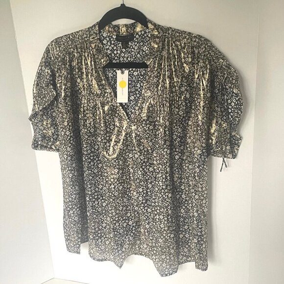 Anthropologie Metallic Top Womens Medium Gold Short Sleeve V-Neck Floral Blouse - Picture 4 of 9